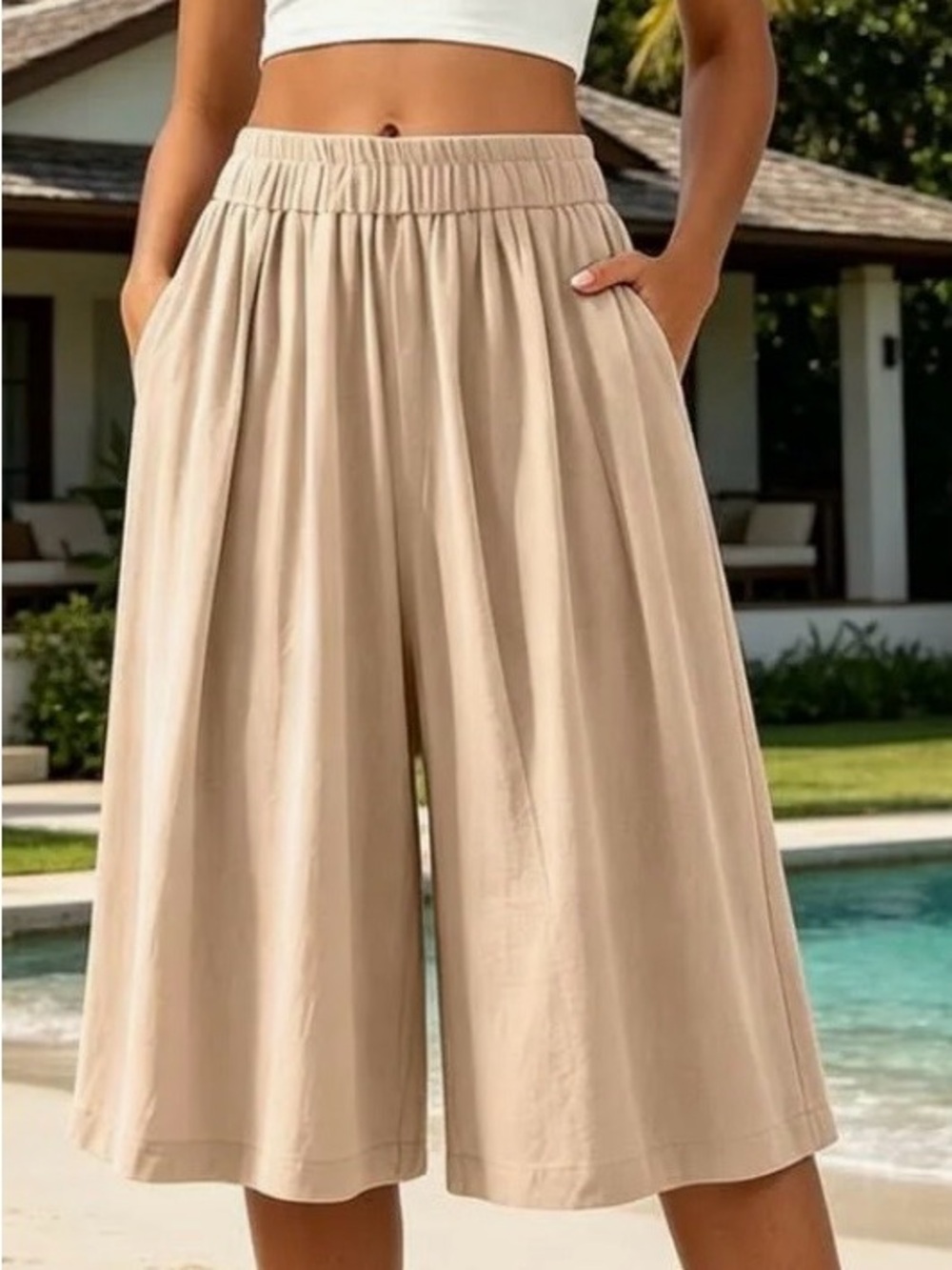 LARGE.  HALARA LINEN FEEL FLOWY WIDE LEG CAPRI PANTS